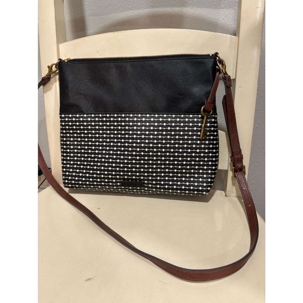 Fossil Crossbody Bag Black Leather Polka Dot Canvas Key Detail Purse